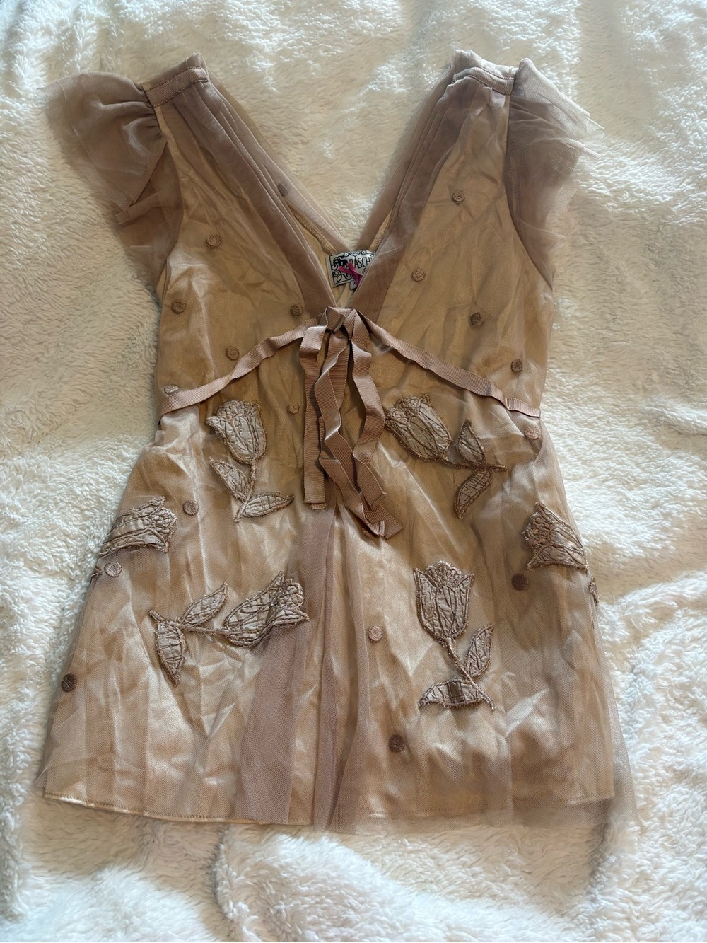 Sheer Embroidered Tie-Front Blouse in Taupe